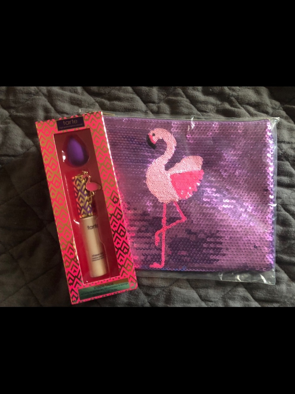 tarte Concealer Set with Purple Beauty Sponge and Pink Flamingo Sequin Pouch